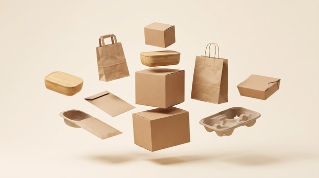 Assortment of eco friendly kraft paper packaging products including boxes bags containers and envelopes arranged in studio setting.