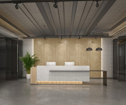 Modern building entrance reception lobby hall, 3d rendering