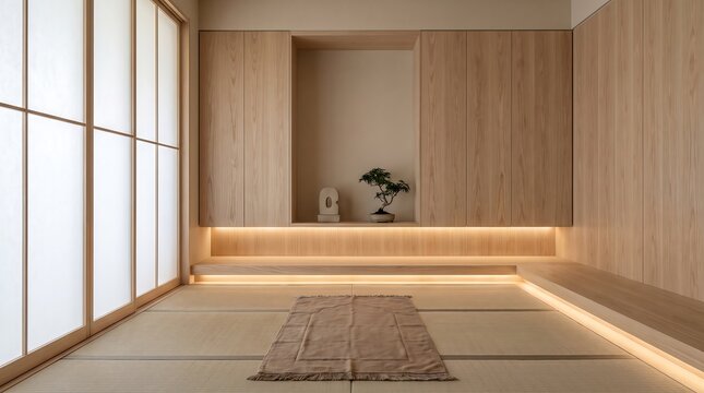 Minimalist japanese interior with tatami mat floor and wood wall cabinets for meditation or prayer room design featuring hidden lighting and single bonsai tree decor.