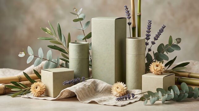 Sustainable green cosmetic product packaging mockups arranged with dried lavender eucalyptus leaves and bamboo stems on beige fabric textured studio background.