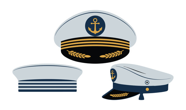 Nautical Headwear Collection: A set of three distinct nautical caps, including a captain's hat adorned with an anchor emblem and gold insignia, a sailor's hat with striped band.