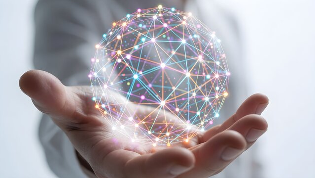 Hands cradling futuristic glowing network sphere symbolizing digital connectivity and innovation