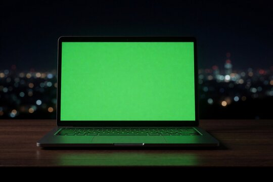 Modern laptop with green screen sits on wooden table. Blurred city lights background at night. Empty screen for custom content. Device ready for work.