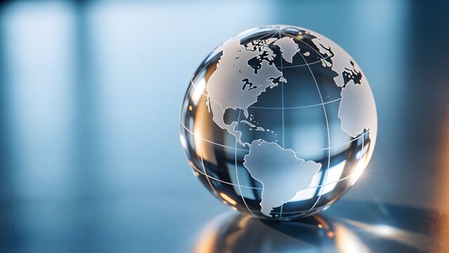 Futuristic reflective globe on metallic surface symbolizing global connectivity and innovation