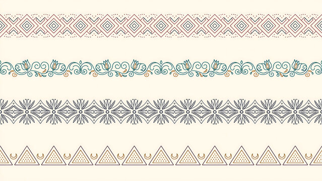 Four decorative borders with geometric and floral line patterns isolated on a transparent background