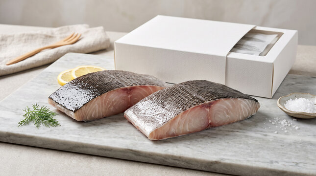 Fresh Raw Fish Fillets with Skin on Marble Board with Blank Packaging Box Mockup, Lemon, Salt and Dill, Gourmet Seafood Concept
