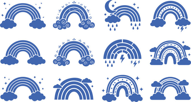 Set of blue hand-drawn style rainbow weather icons with clouds and stars collection illustration elements meteorology lightning decorative variations atmospheric meteorological patterns
