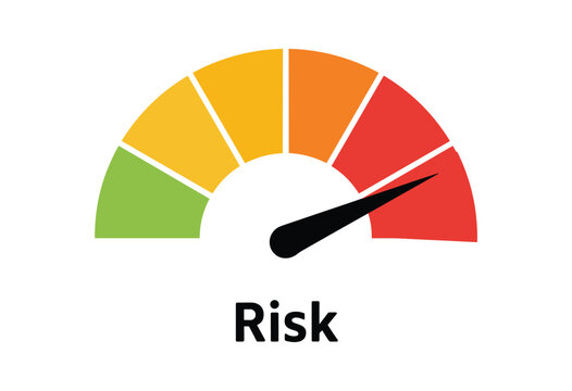 Risk Meter Gauge: A risk assessment meter displays a needle pointing towards the red zone, indicating high risk and caution. Visualizing the level of danger.