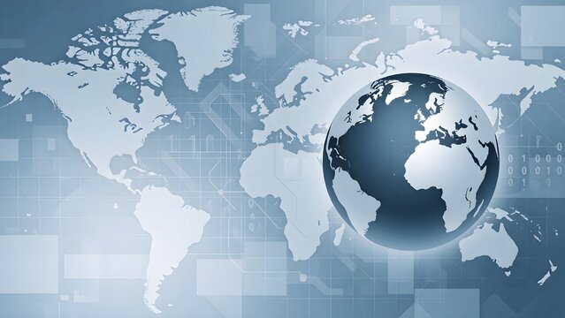 Minimalist global connectivity map with abstract blue-toned Earth illustration