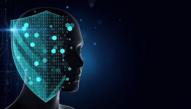 Cyber security concept with 3d human head silhouette covered by glowing digital shield with binary code and hexagons on dark background
