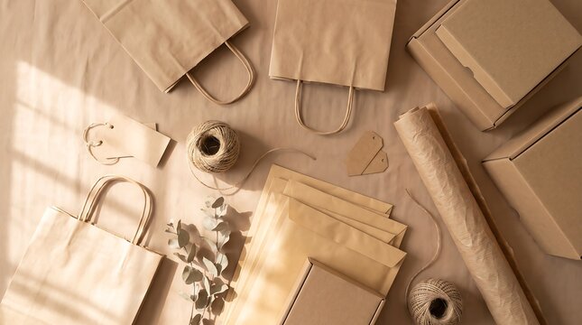Craft paper bags gift tags jute twine string and shipping boxes arranged on brown wrapping paper surface representing sustainable shopping and shipping concept.