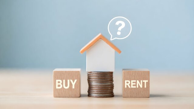Minimalist 3D illustration comparing buy vs rent house decision with coins and question mark