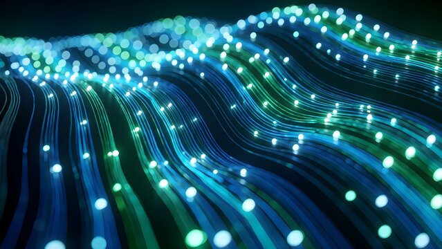 Futuristic digital network of interconnected glowing nodes flowing through abstract data waves