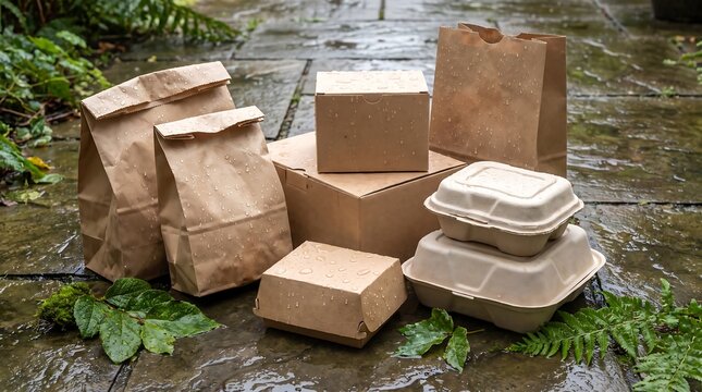 Eco friendly food packaging takeout containers boxes and brown paper bags sitting on wet outdoor stone patio surrounded by green leaves after rain scenery.