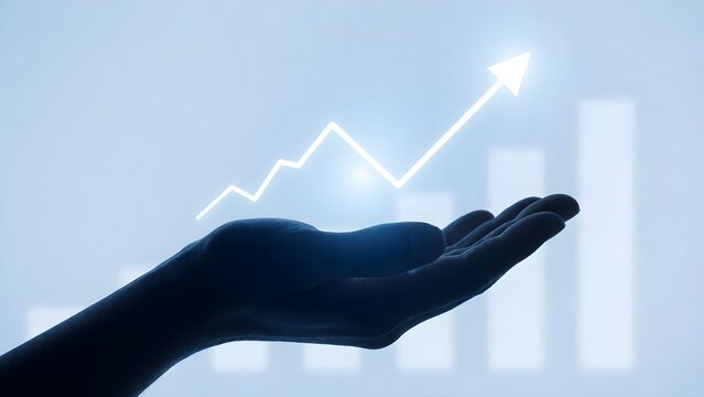 Hand holding upward growth graph against modern cityscape background symbolizing business success
