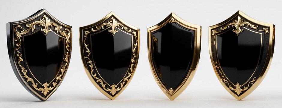Set of four luxury black, gold shield emblems. Shiny metal crests with ornate vintage floral patterns on light background. Decorative heraldic symbols for corporate identity design. Premium quality
