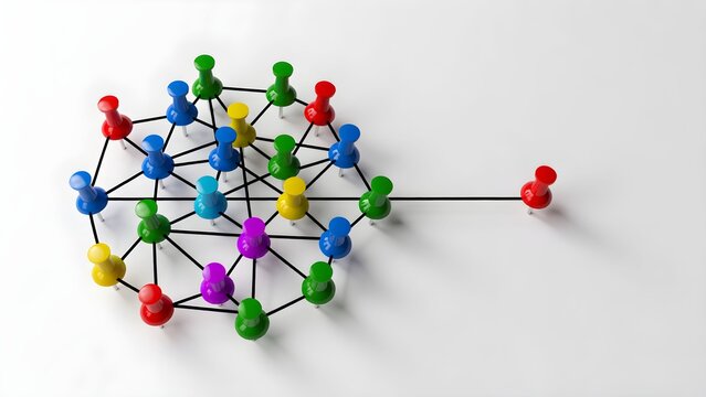 Abstract interconnected network of colorful pins symbolizing modern connectivity and brainstorming