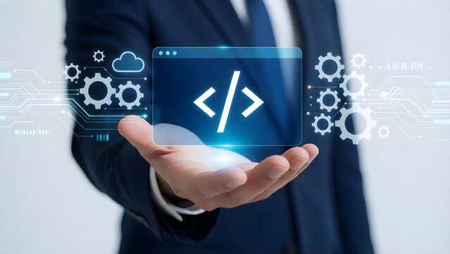 Business professional holding holographic code symbols and tech gears in futuristic digital workspace