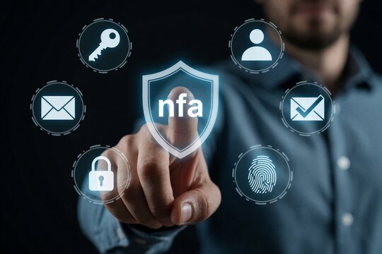 Businessman touches glowing shield icon with nfa text on digital interface. User activates multi factor authentication for cyber protection. Pro person manages virtual account security settings using
