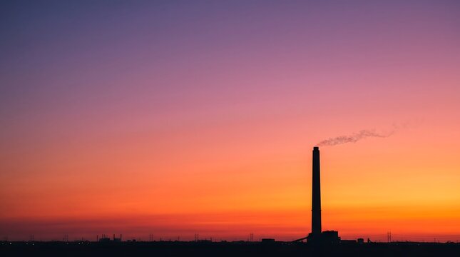 Orange Sunset Over Urban Skyline and River with Industrial Factory Silhouettes Smoke Clouds and City Buildings at Dusk