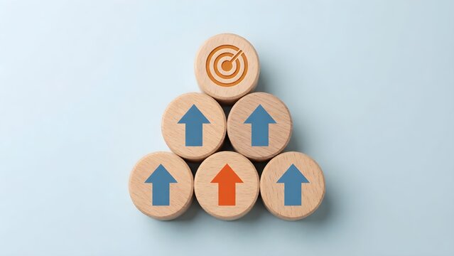 Minimalist wooden block pyramid showing growth and upward progress with arrows and target