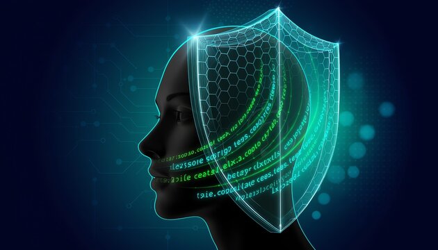 Cyber security concept with female head 3d profile covered by glowing wireframe shield with green code and hexagon grid background