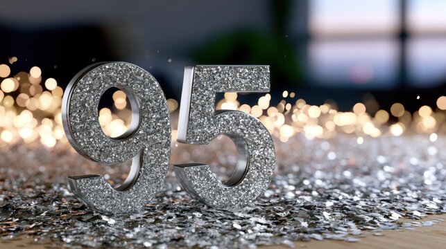 Glittering silver number 95 standing on sparkling confetti with warm festive bokeh lights in the background for celebration events or milestones