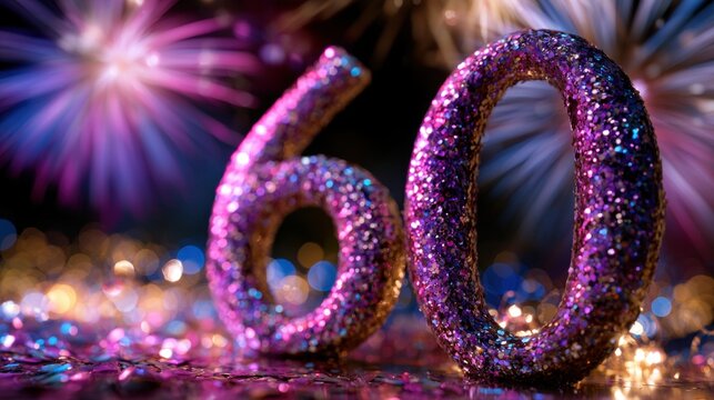 Glittering purple sparkling number sixty decoration with festive fireworks and colorful bokeh lights in the background celebration concept