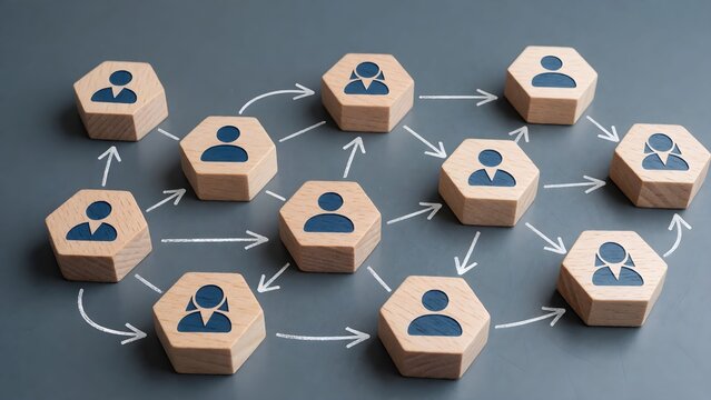 Abstract 3D illustration of interconnected teamwork and collaboration network with wooden hexagonal blocks