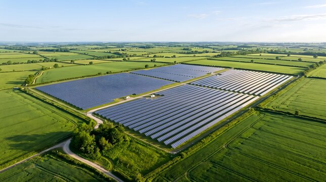 Aerial Panorama of Solar Power Station with Green Farm Fields and Countryside Landscape Under Blue Summer Sky with Trees Hills and Valley