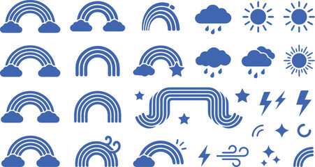 Fototapeta premium Weather icon collection featuring rainbows sun clouds and atmospheric elements forecast meteorology atmospheric lightning elements collection meteorological phenomena illustration isolated