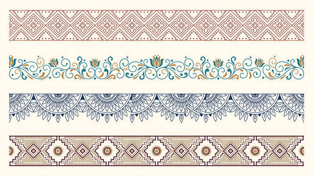 Four decorative horizontal borders with geometric and floral patterns isolated on a transparent background
