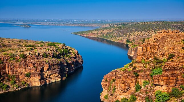 Panoramic View of Lake Gandikota and Rocky Canyon Landscape in Andhra Pradesh, India Under Clear Blue Sky