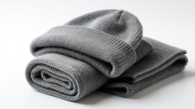 Grey knitted beanie and scarf laid on white background. Warm winter clothing set for cold weather. Soft woolen apparel accessory, cozy and stylish.
