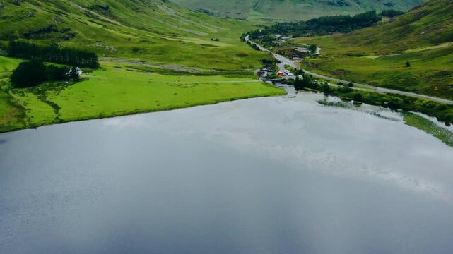 Sweeping Aerial Drone Shot of Loch Achtriochtan in Glen Coe