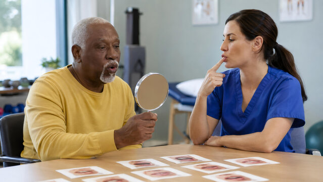 Speech therapist instructing senior man with mirror during rehabilitation session. Professional logopedist helping elderly African American man with mouth exercises for speech recovery.