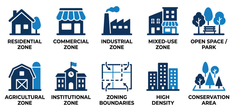 Set of ten icons showing different types of land use zones including residential commercial and industrial Minimal solid fill icon set bundle collection. Editable Vector Illustration Mega pack