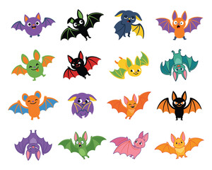 Obraz premium Cute Halloween bats vector set. Flying and hanging colorful bat character illustrations with funny expressions for kids stickers and patterns.