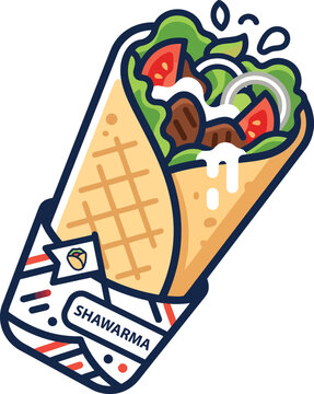 Colorful flat vector illustration of a delicious shawarma wrap with fresh vegetables and sauce
