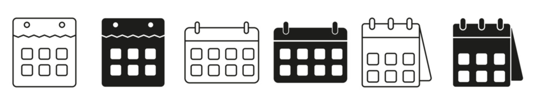 Calendar icon set. Collection of date planner, monthly schedule, and event organizer symbols representing time management, appointments, deadlines, business planning, and productivity.