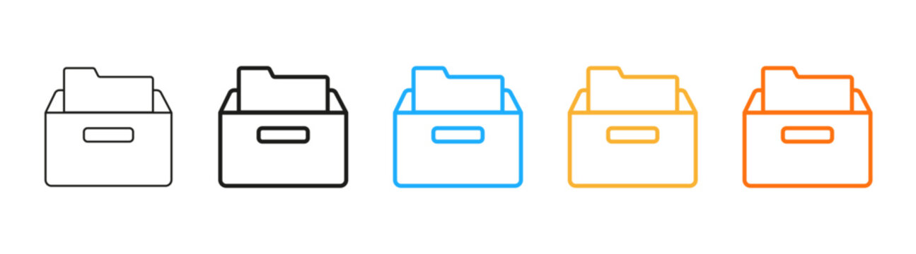 File archive icon set. Collection of document storage box, office folder, and records organizer symbols representing file management, business administration, data storage, and workplace organization.