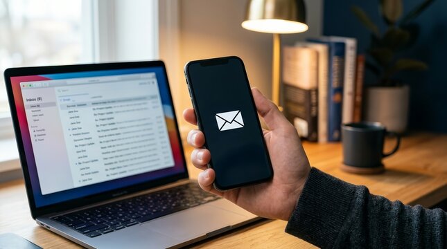 Person holding a smartphone with an envelope icon for digital mail service.