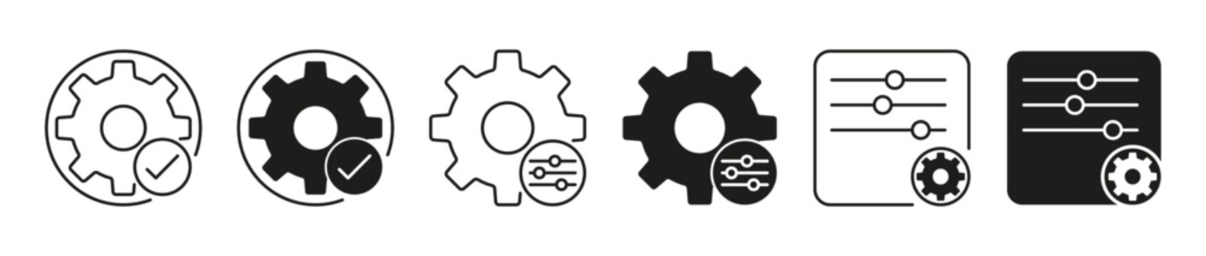 Settings icon set. Collection of gear, cogwheel, configuration menu, and control panel symbols representing system preferences, software options, application setup, and interface customization.