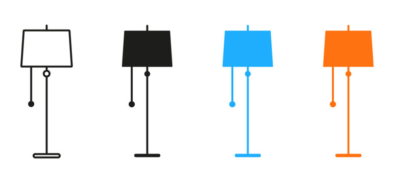 Floor lamp icon set. Collection of standing light, lampshade, and home lighting symbols representing interior design, household furniture, room decoration, and illumination.