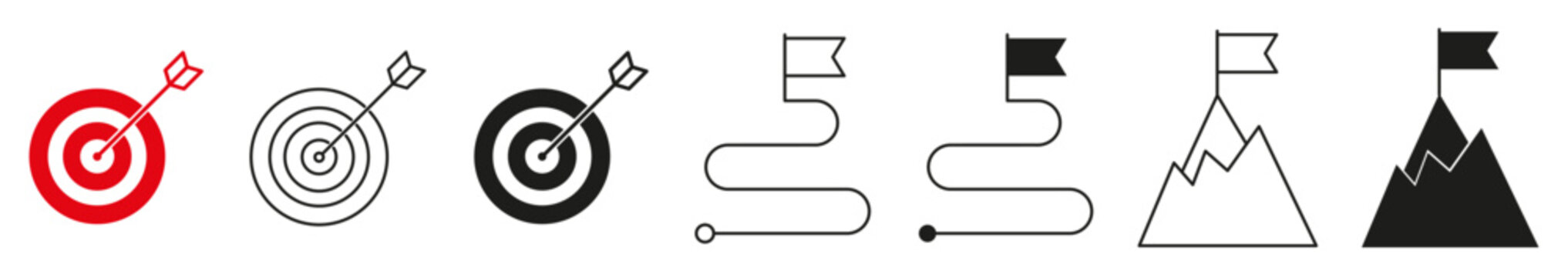 Goal achievement icon set. Collection of target, success path, milestone flag, and mountain peak symbols representing objectives, ambition, strategy, progress, accomplishment, and business growth.