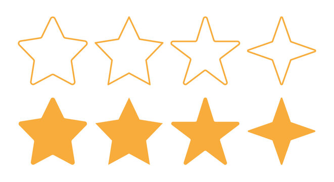 Star shape collection. Set of outline and solid star, sparkle, and decorative elements representing rating, quality, success, excellence, reward, recognition, and premium status.