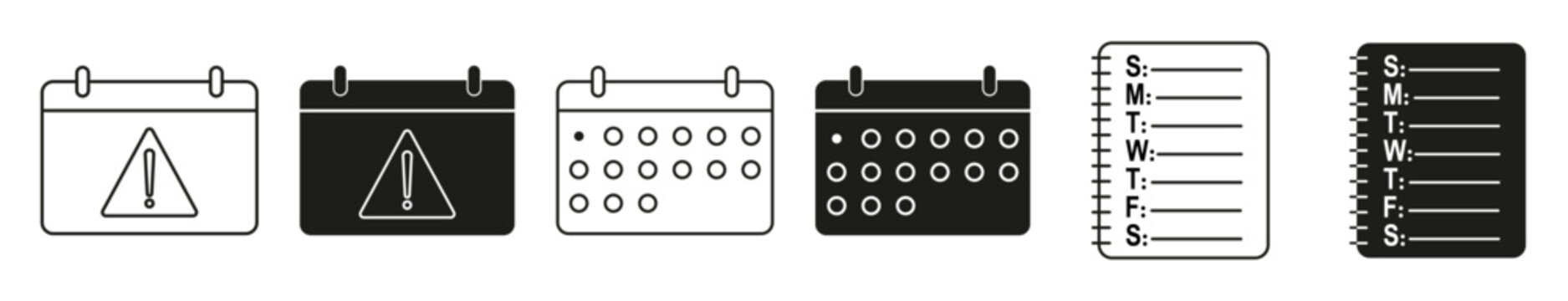 Calendar icon set. Event warning, date planner, task list, checklist, and agenda symbols representing organization, reminders, deadlines, and time management. Editable outline and solid styles.