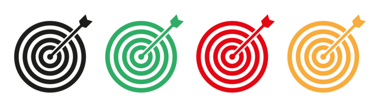 Target icon set. Bullseye, arrow, goal, aim, objective, and achievement symbols representing business strategy, success, focus, performance, planning, and accuracy. Editable multicolor outline styles.