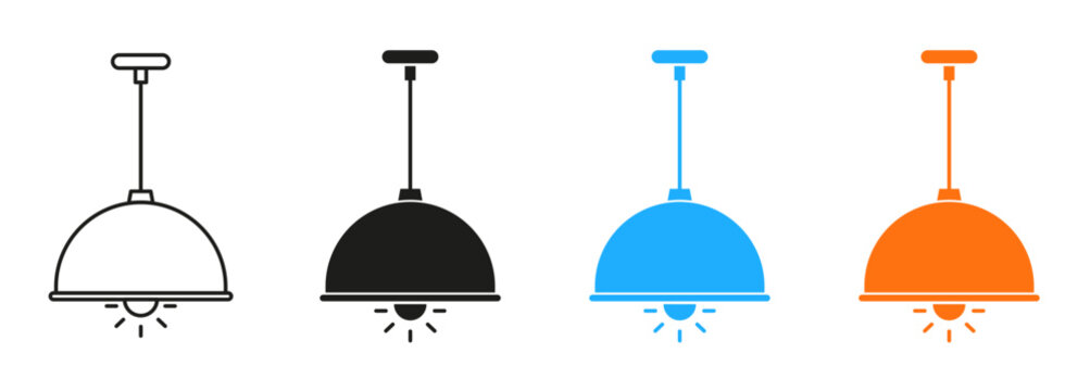Pendant lamp icon. Hanging ceiling light, lampshade, chandelier, and illumination symbols representing home lighting, interior decor, electricity, and modern fixtures. Editable outline and solid style