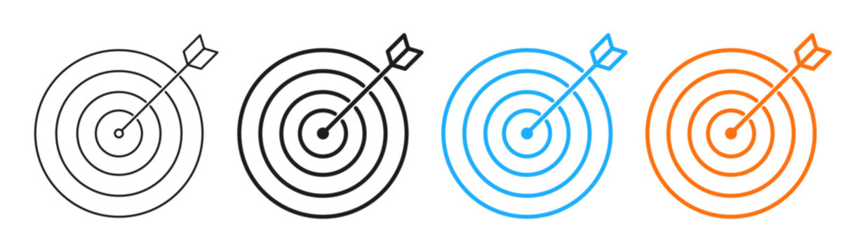 Target line icon set. Bullseye and arrow symbols representing goal, aim, objective, focus, achievement, success, planning, business strategy, and performance. Editable multicolor outline styles.